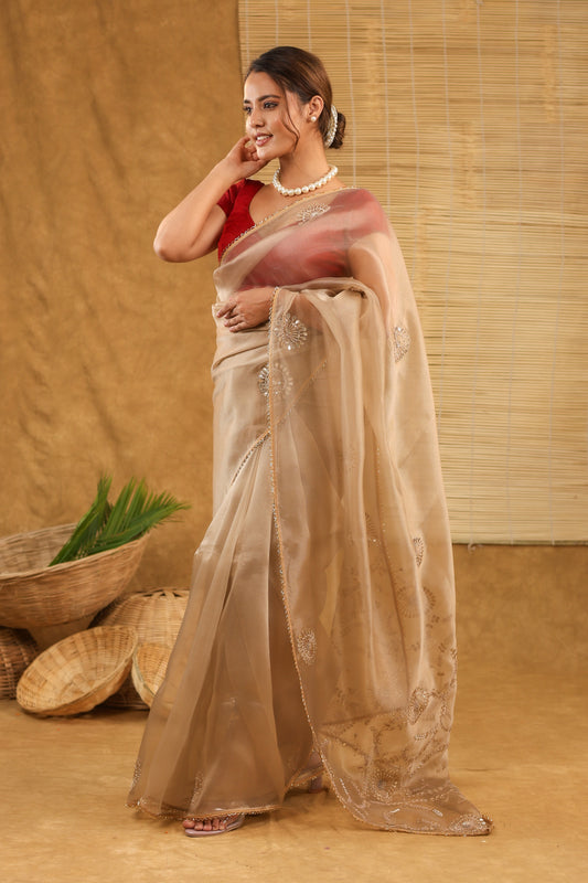 Organza golden saree with gottapatti work and matching  saree