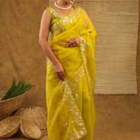 Organza with pittan work in shaded lime yellow