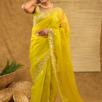 Organza with pittan work in shaded lime yellow