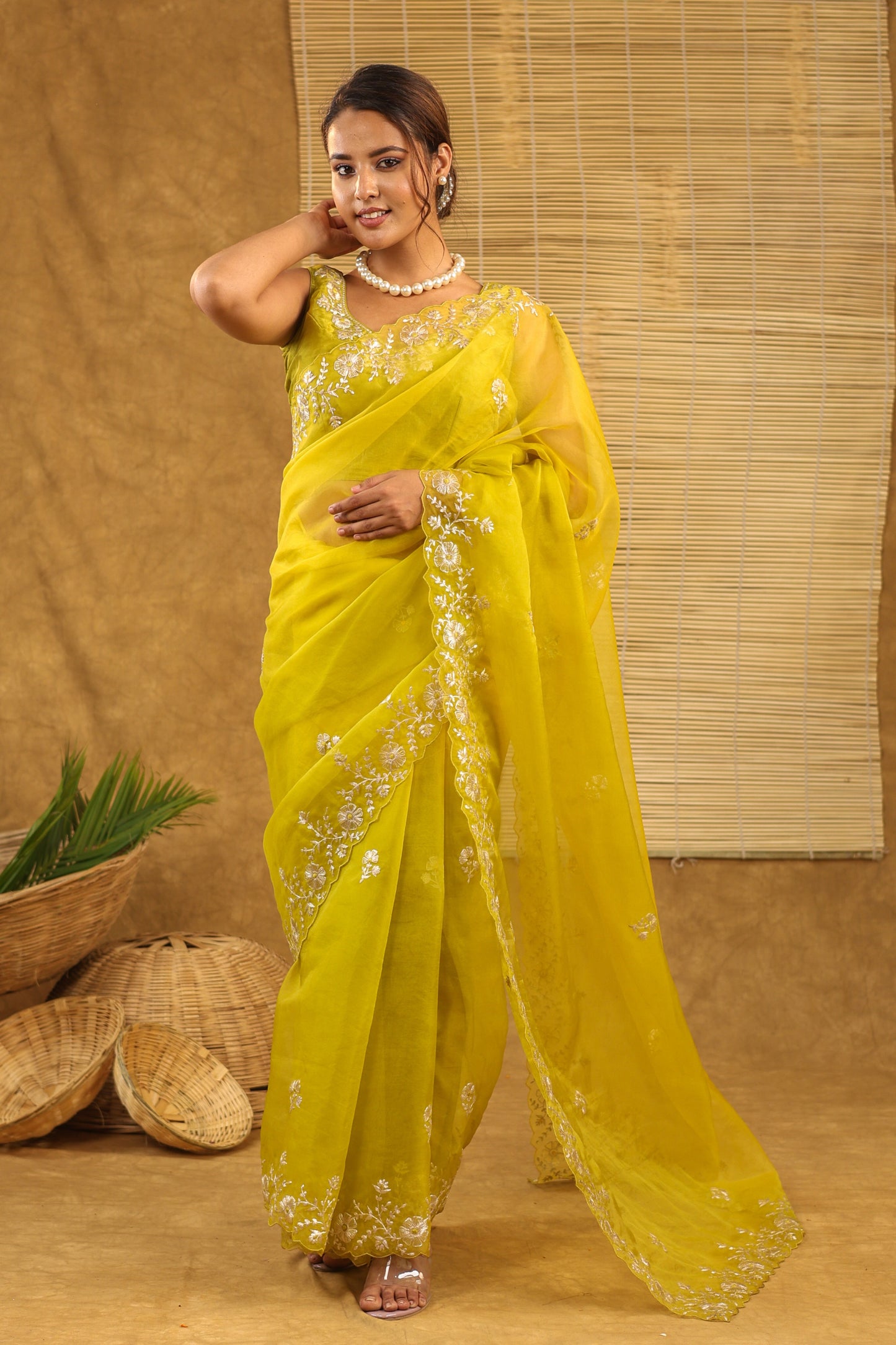 Organza with pittan work in shaded lime yellow