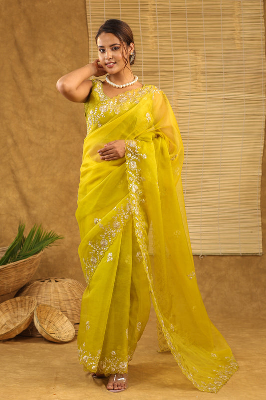 Organza with pittan work in shaded lime yellow