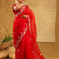 Organza with pittan work in bright red