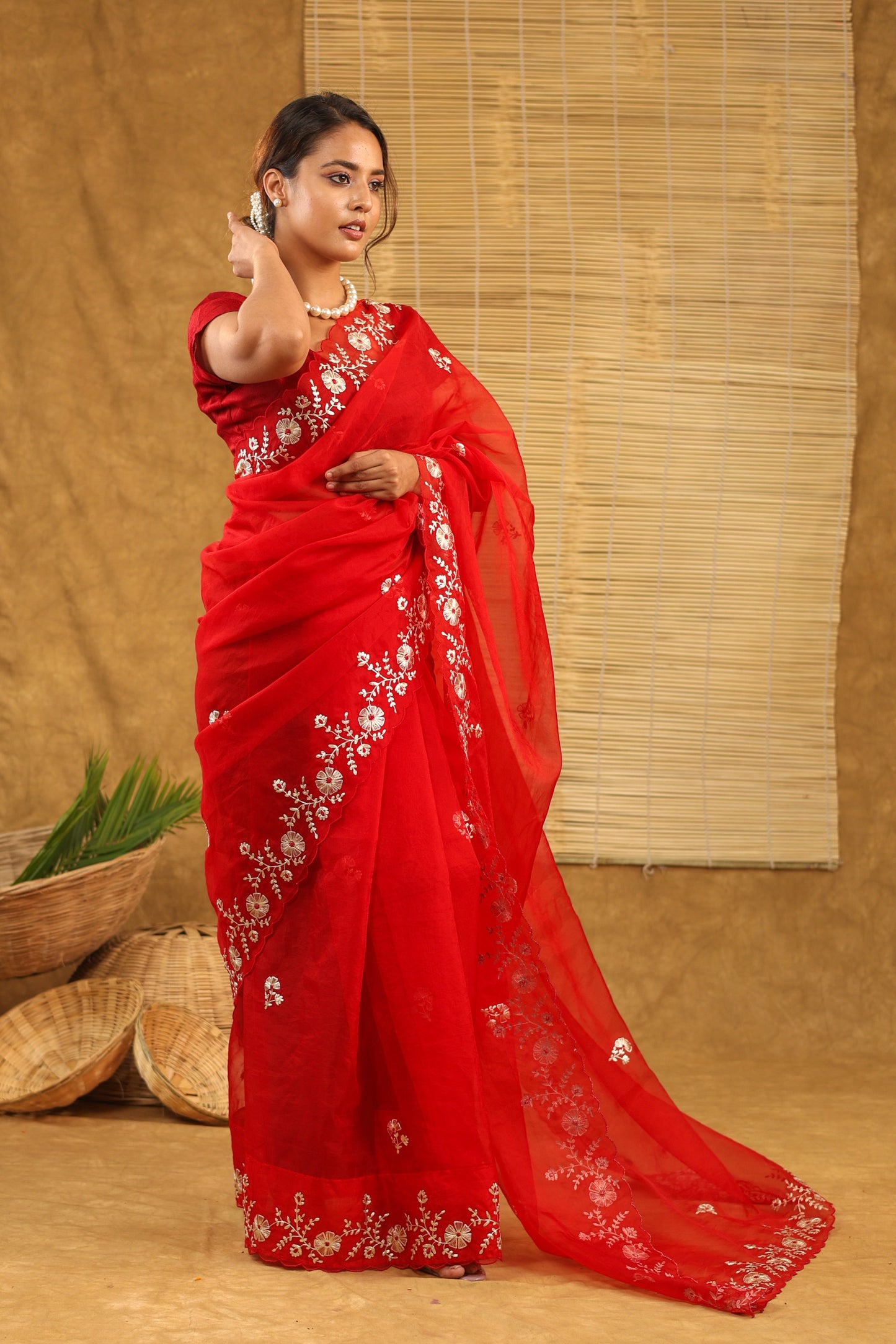Organza with pittan work in bright red