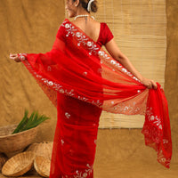 Organza with pittan work in bright red