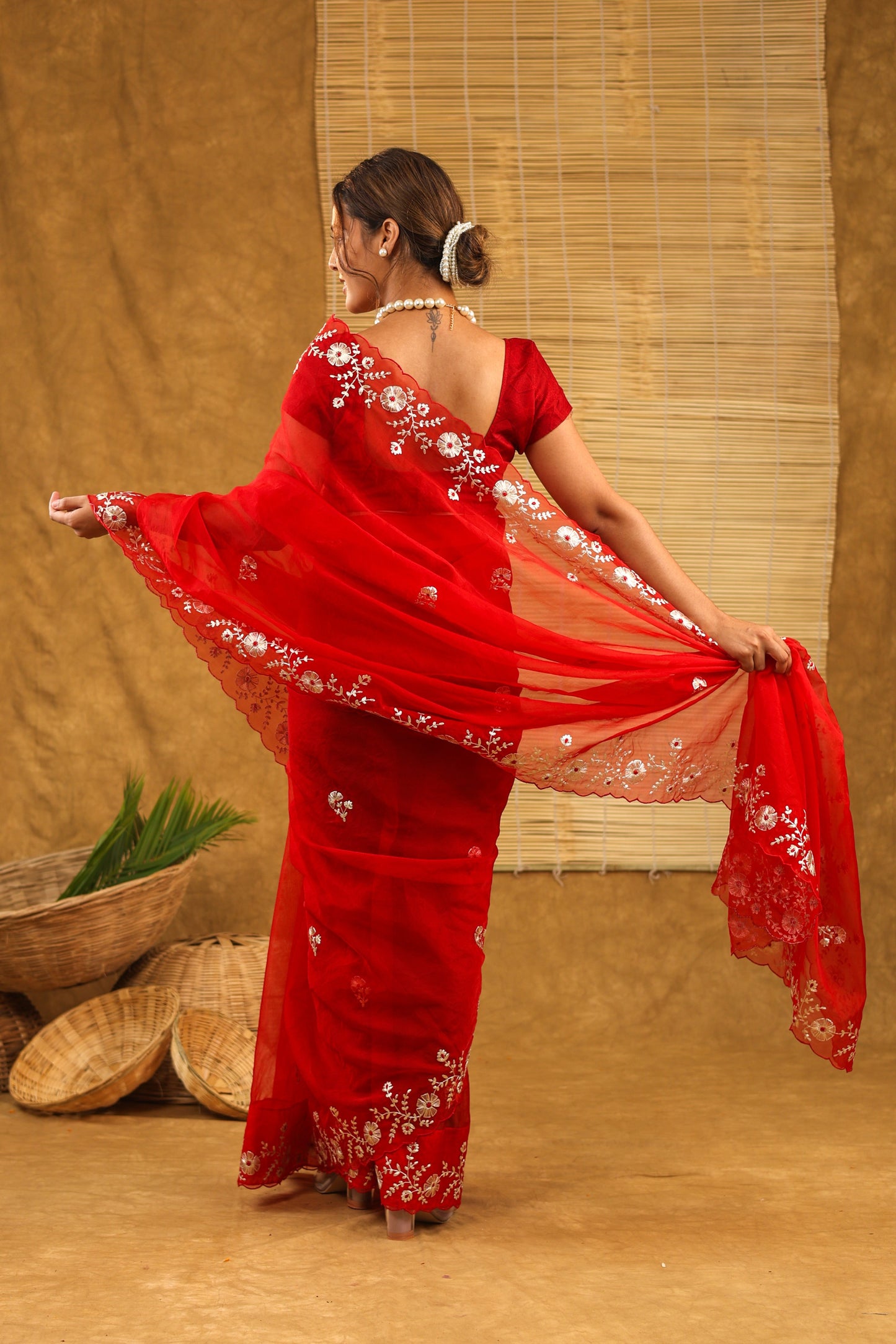 Organza with pittan work in bright red