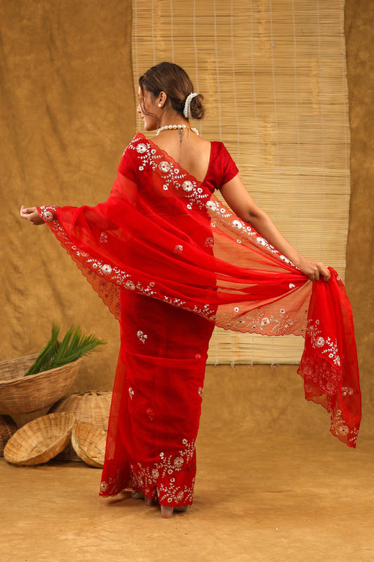 Organza with pittan work in bright red