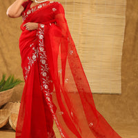 Organza with pittan work in bright red