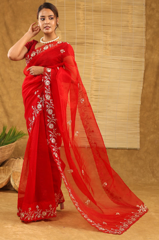 Organza with pittan work in bright red