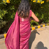 Bright dark pink saree with golden thread self work