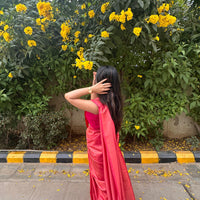 Bright crimson red saree with golden thread self work