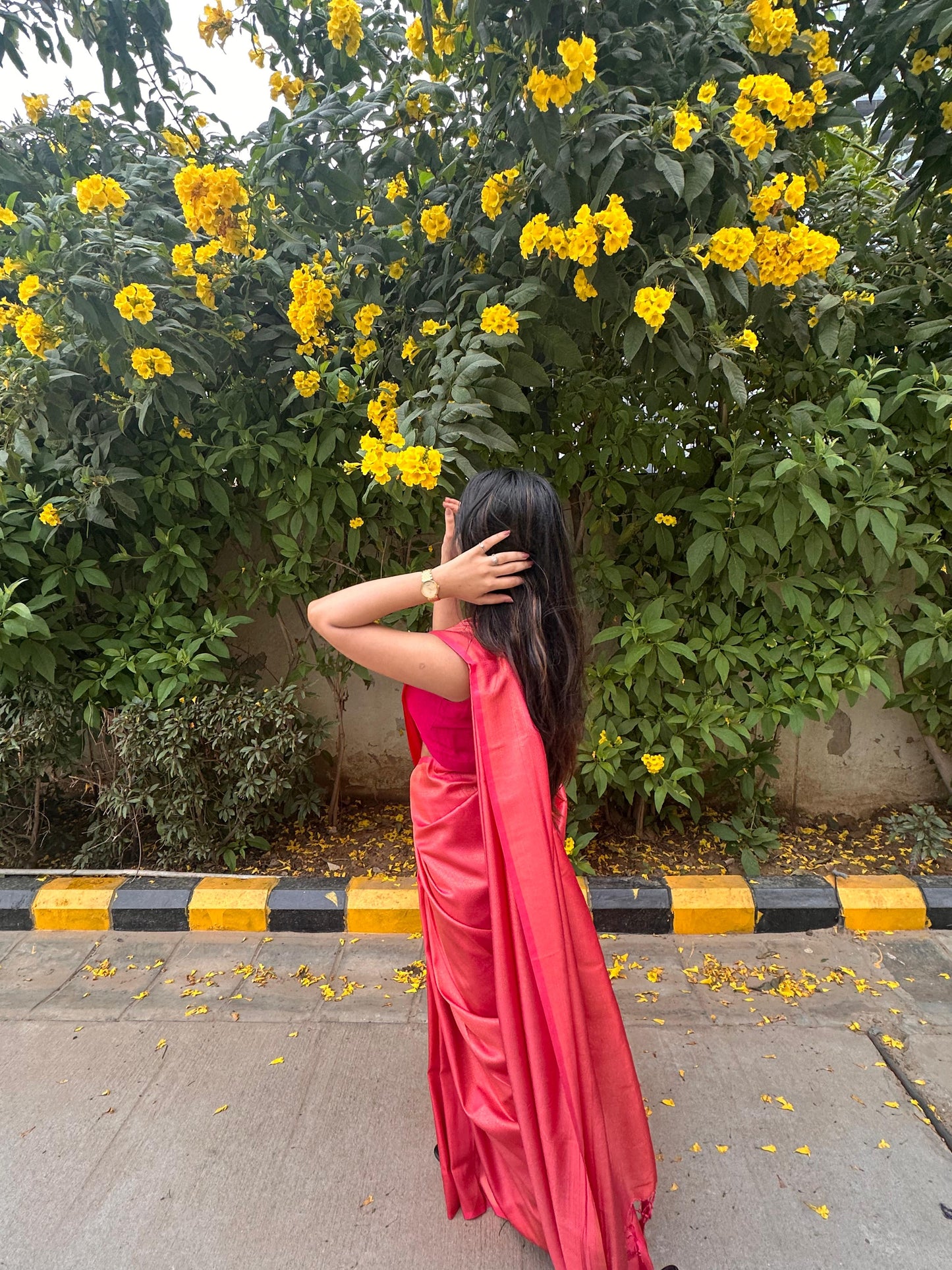 Bright crimson red saree with golden thread self work