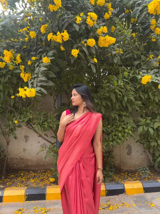 Bright crimson red saree with golden thread self work