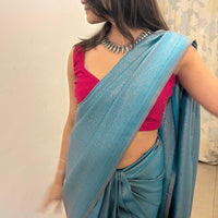 Turquoise blue saree with golden thread self work