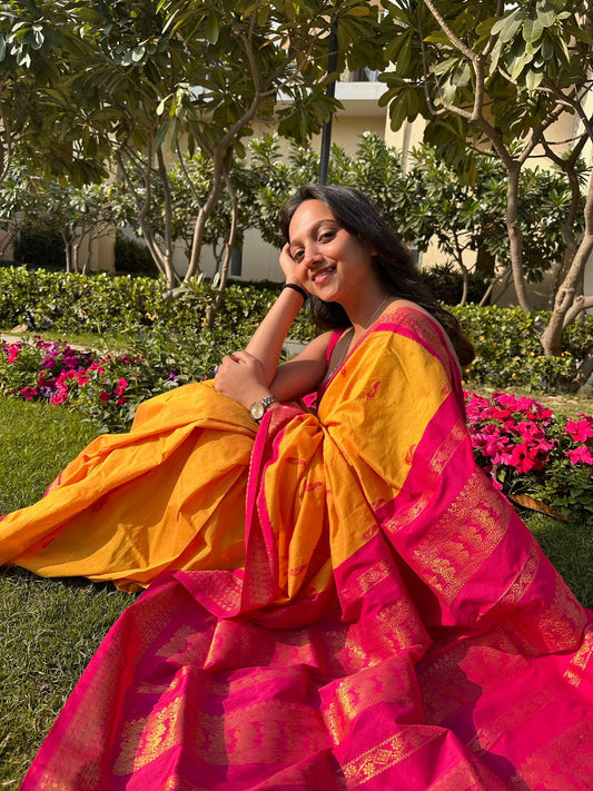 Kalyani pure cotton saree with zari border in Yellow and Pink