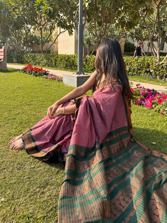 Kalyani pure cotton saree with zari border in Mauve and Green