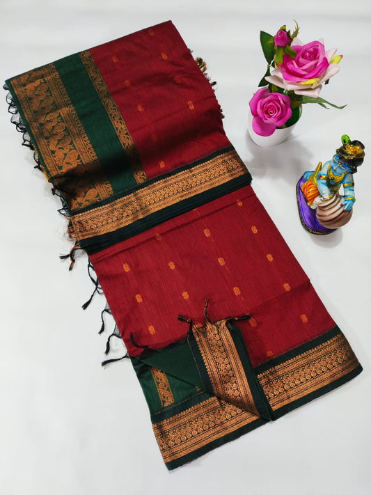 Kalyani pure cotton saree with zari border in Red and Green