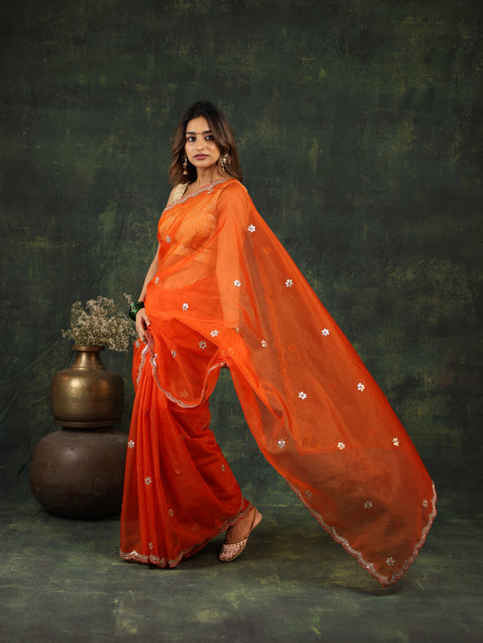 Orange Organza Saree with Gotta and Ari tari work