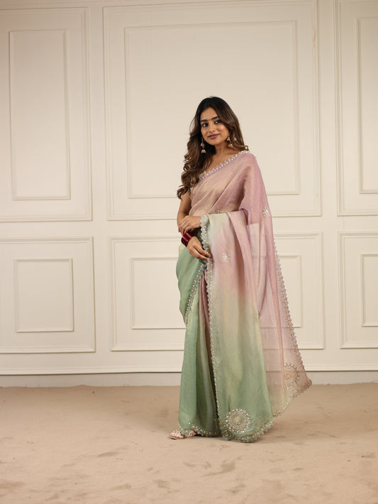 Shaded tissue saree with ari tari work