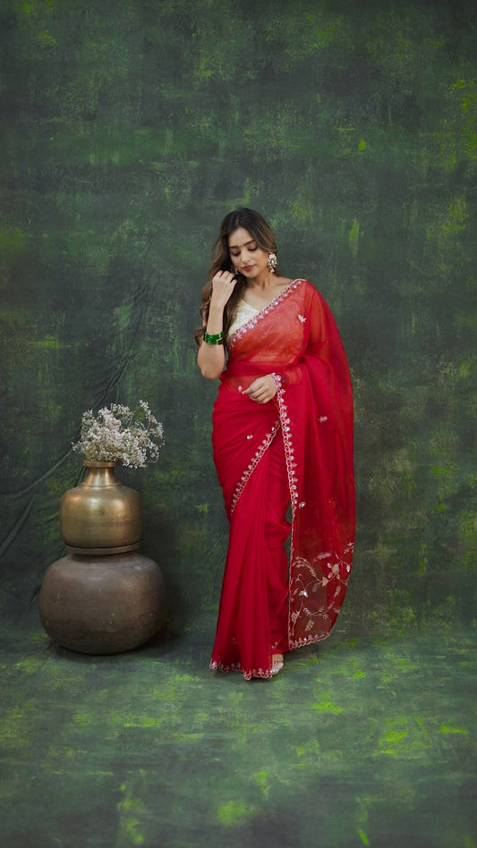 Red Organza Saree with Gotta and Ari tari work