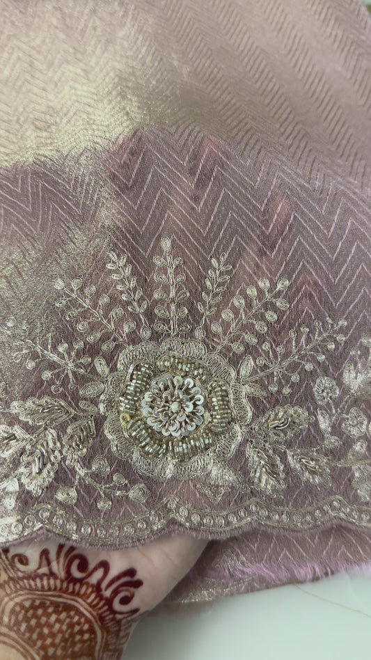 Baby pink tissue saree with pittan threadwork and sequins